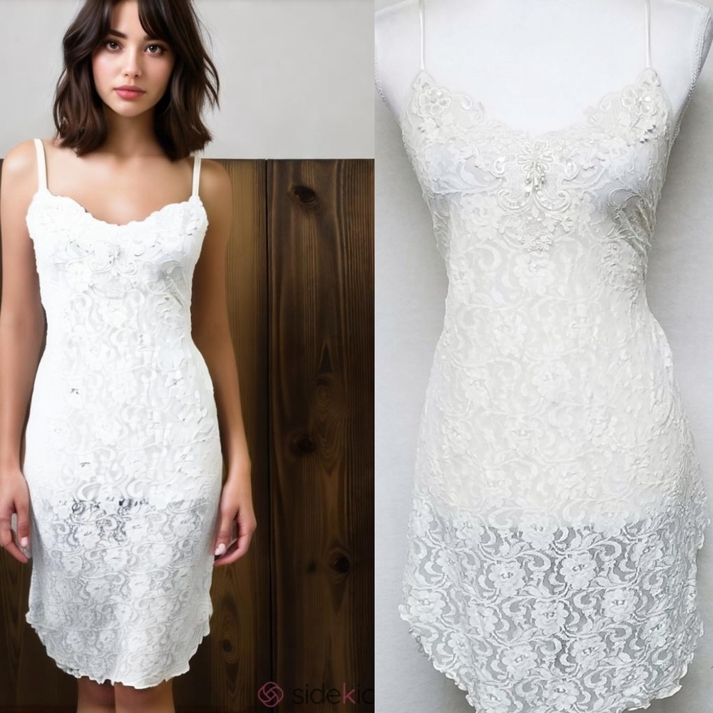 Cinema Etoile Night Magic 80s Vintage Sheer Pearl Stretchy Lace Slip Dress L